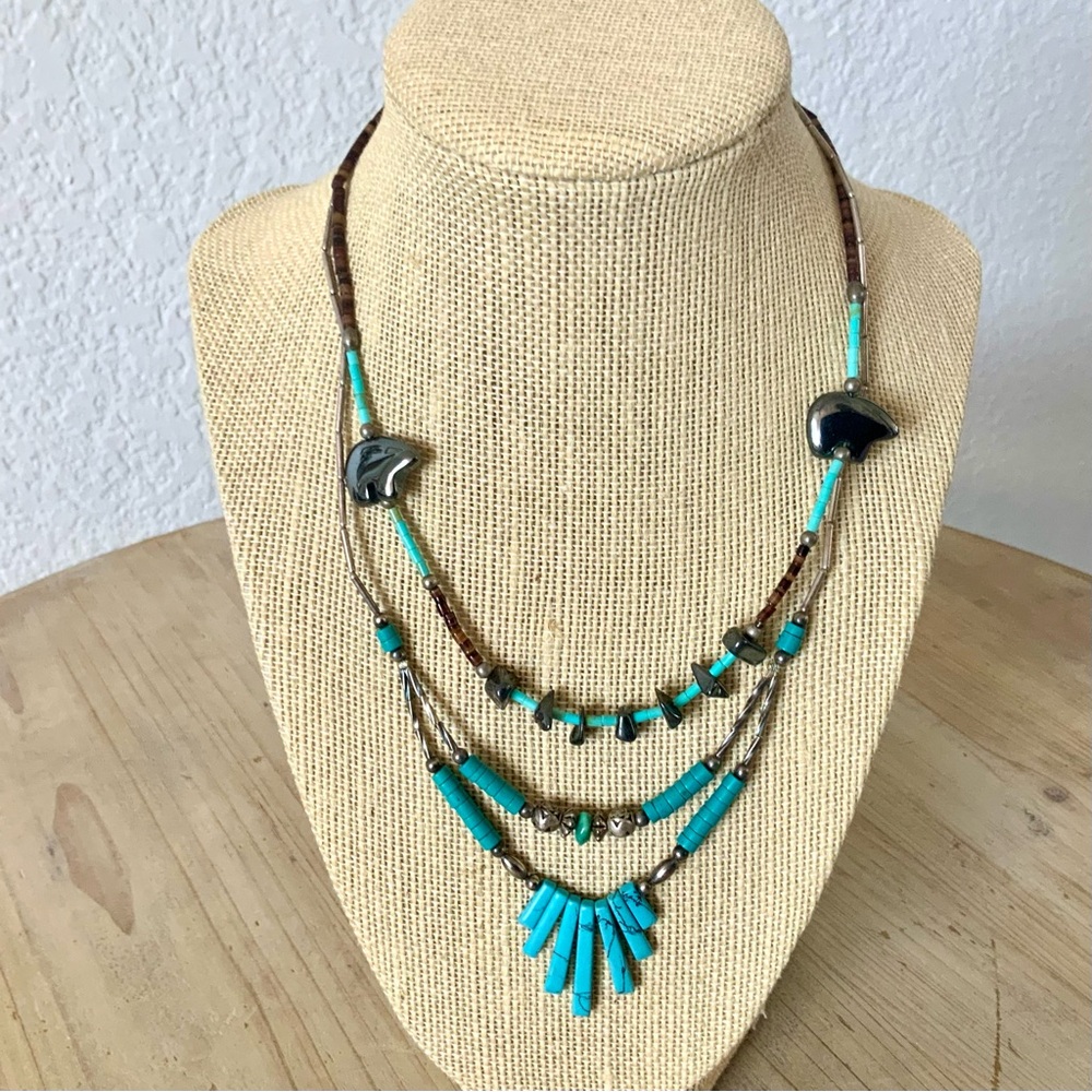 Pair of Vintage Necklaces, Silver, Turquoise, Hematite and Shell